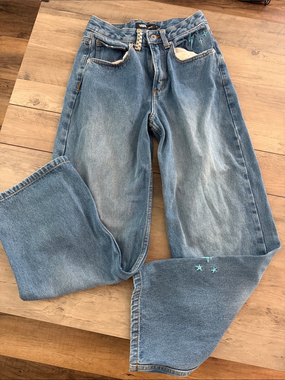 Vans Blue Wide Leg Jeans with Teal Star & Lightning Embroidery